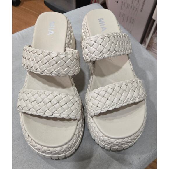 Mia "Yoshi" Ecru Color 2 Braided Strap Wedge 2.4 Inch Heels Size 9 - Picture 1 of 4